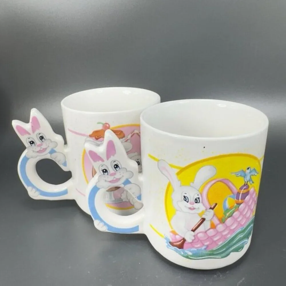 1980s Mug Cup Kitsch Colorful Bunny Rabbit Drinking Float Ceramic Mugs Cups Set2